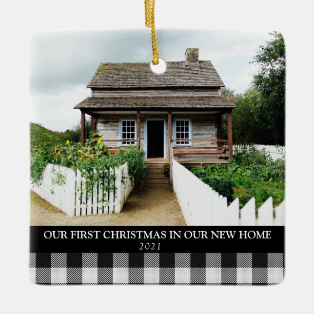2 PHOTO XMAS NEW HOME BUFFALO PLAID CHRISTMAS  CERAMIC ORNAMENT (Front)
