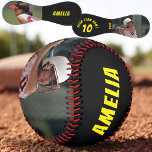 2 Photo Yellow Black Player Number Team Name Softball<br><div class="desc">2 Photo Yellow Black Player Number,  Player Name,  Team Name Softball. You can make your own unique softball with your name,  player number,  team name and 2 photos. Great keepsake gift idea or a keepsake for softball player.</div>