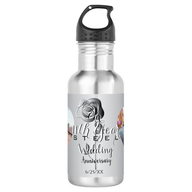 2 Photos11th Wedding Anniversary Heart Steel Rose  532 Ml Water Bottle (Front)