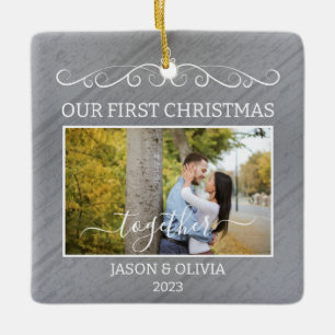 2 Photos 1st Christmas Together Rustic Wood Grain Ceramic Ornament