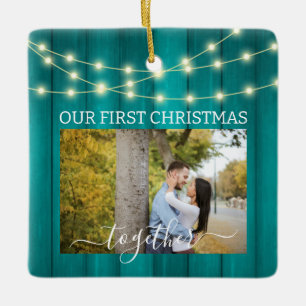 2 Photos 1st Christmas Together Teal Parquet Light Ceramic Ornament