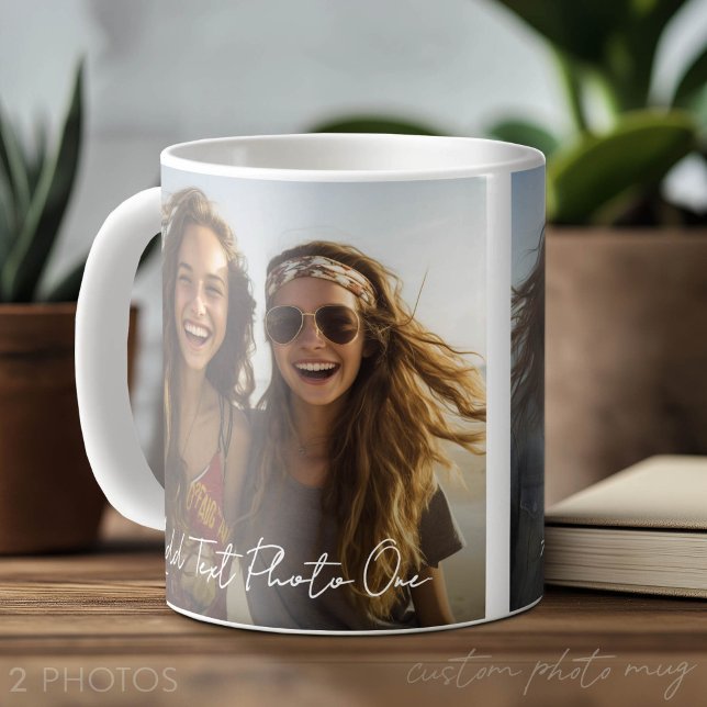 2 Photos and Minimal Script Text Overlay Coffee Mug (Custom Photo Mug with 2 Photos)