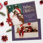2 photos believe in Christmas magic family<br><div class="desc">Modern holiday greeting card featuring one of your favourite Christmas family portraits on the left complemented by a real gold foil frame and wording that reads "Believe in the magic of Christmas" on the right over an elegant violet background, customisable with your own greeting message. You can upload one more...</div>
