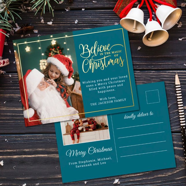 2 photos believe in Christmas magic family blue Foil Holiday Postcard (Creator Uploaded)