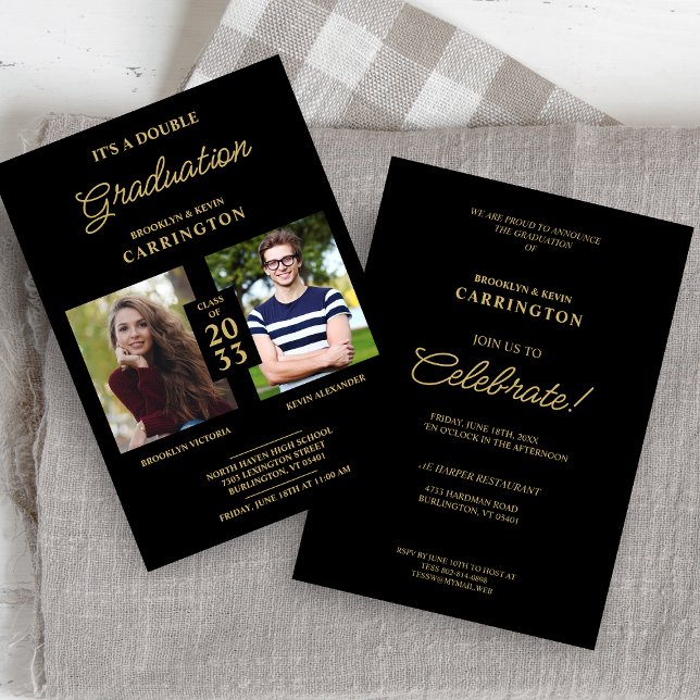 2 Photos Double Twins Graduation Fake Golden Black Invitation (Creator Uploaded)