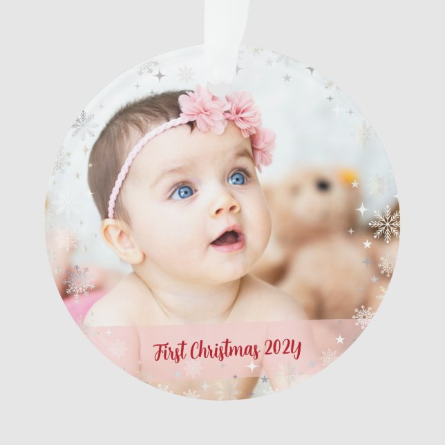 2 Photos Elegant First Christmas Baby Snowflakes Ornament (Front)