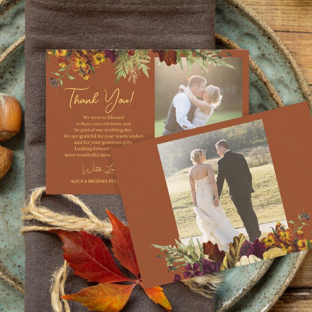 2 photos fall burnt orange wedding thank you card (Creator Uploaded)