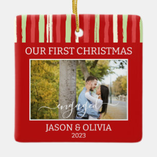 2 Photos First Christmas Engaged Red Green Stripes Ceramic Ornament