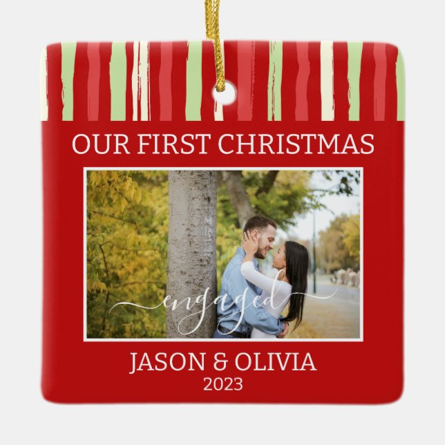2 Photos First Christmas Engaged Red Green Stripes Ceramic Ornament (Front)