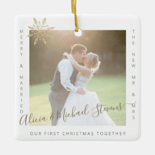 2 photos First Christmas Mr and Mrs married couple Ceramic Ornament