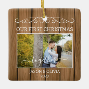 2 Photos First Christmas Together Wood Grain Tiles Ceramic Ornament