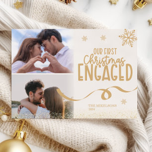 2 photos Gold Glitter First Christmas Engaged Holiday Card