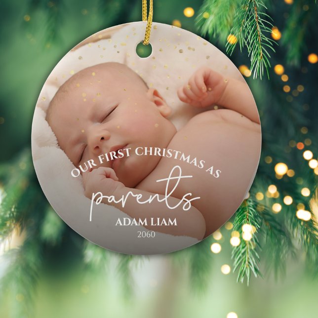 2 Photos Gold Glitter First Parents 1st Christmas  Ceramic Tree Decoration (Creator Uploaded)