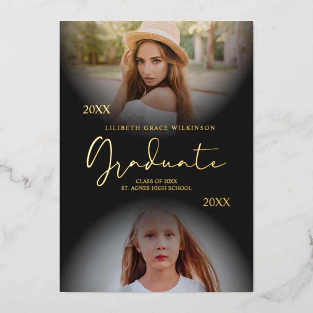 2 Photos Graduation Real Golden Foil Then & Now (Front)