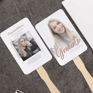 2 Photos Graduation Rose Gold Script Grad Hand Fan