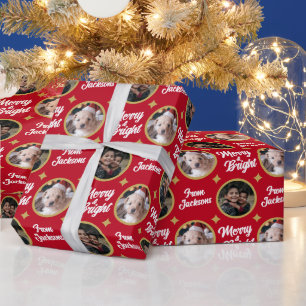 2 Photos Merry & Bright Christmas Family Name Wrapping Paper