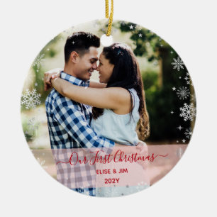2 Photos Our First Christmas Couple Snow Elegant Ceramic Tree Decoration