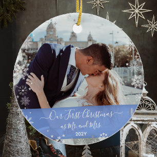 2 Photos Our First Christmas Mr Mrs Elegant Snow Ceramic Tree Decoration