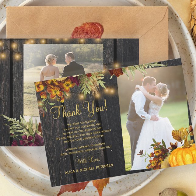 2 photos rustic fall floral barn wood wedding thank you card (Creator Uploaded)