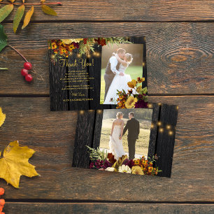 2 photos rustic fall floral wood wedding thank you card