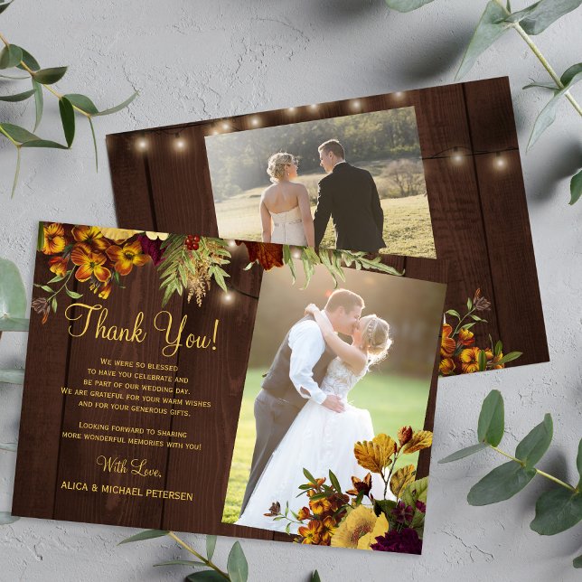2 photos rustic fall floral wood wedding thank you card (Creator Uploaded)