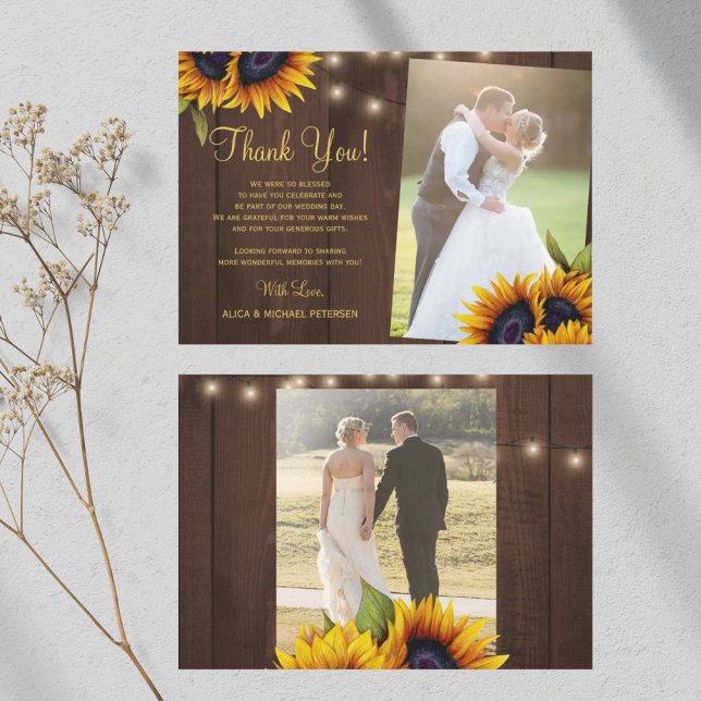 2 photos rustic sunflowers barn wood wedding thank you card (Creator Uploaded)