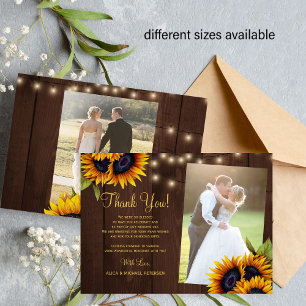 2 photos rustic sunflowers wood wedding thank you card