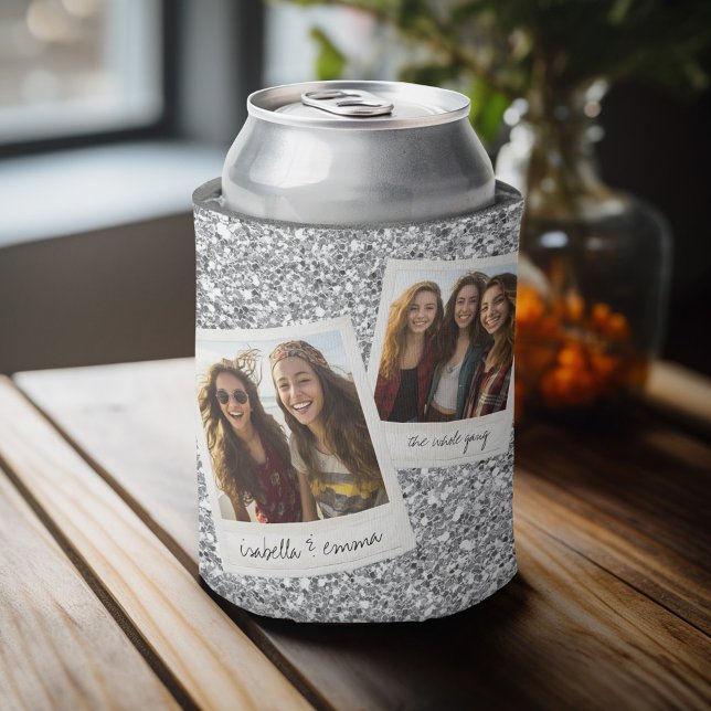 2 Photos - Silver Glitter Square Photo Collage Can Cooler (Personalized can cooler with 2 photos and custom text)