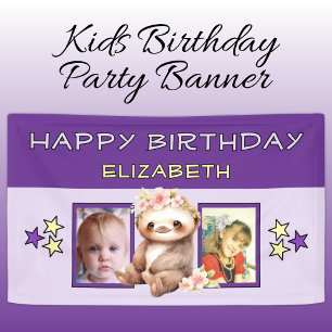 2 photos sloth birthday name kids purple party banner