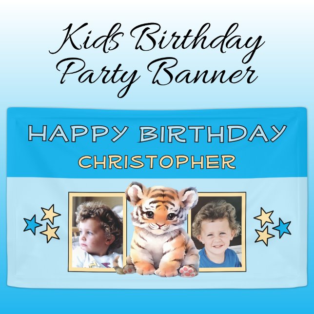 2 photos tiger birthday name kids blue party banner (Creator Uploaded)