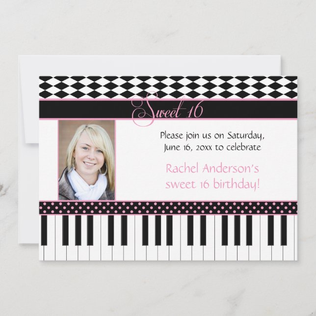 #2 Pink Black Piano Theme Sweet 16 Birthday Invitation (Front)