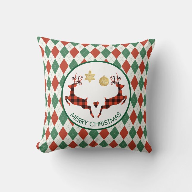 2 Plaid Deer Jumping on an Argyle Pattern Rustic Cushion (Front)