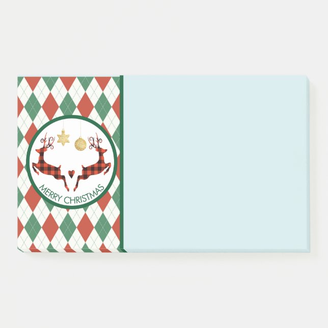 2 Plaid Deer Jumping on an Argyle Pattern Rustic Post-it Notes (Front)