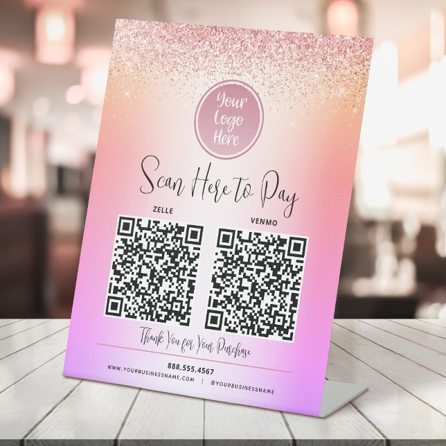 2 QR Code Logo Pink Glitter Rainbow Ombre Pay Here Pedestal Sign (Creator Uploaded)