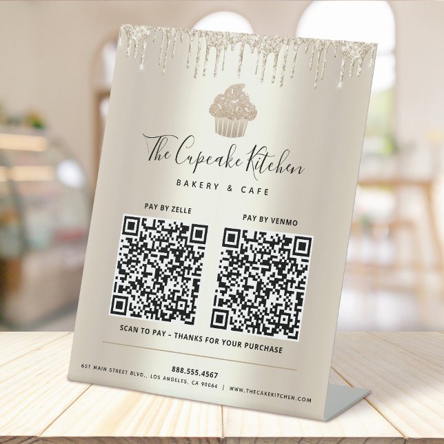 2 QR Code Pay Here Gold Cupcake Glitter Bakery Pedestal Sign (Creator Uploaded)