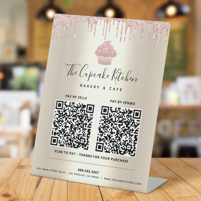 2 QR Code Pay Here Pink Cupcake Glitter Gold Drips Pedestal Sign (Creator Uploaded)