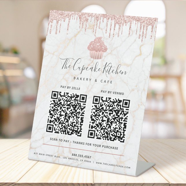 2 QR Code Pay Here Pink Cupcake Glitter Marble Pedestal Sign (Creator Uploaded)