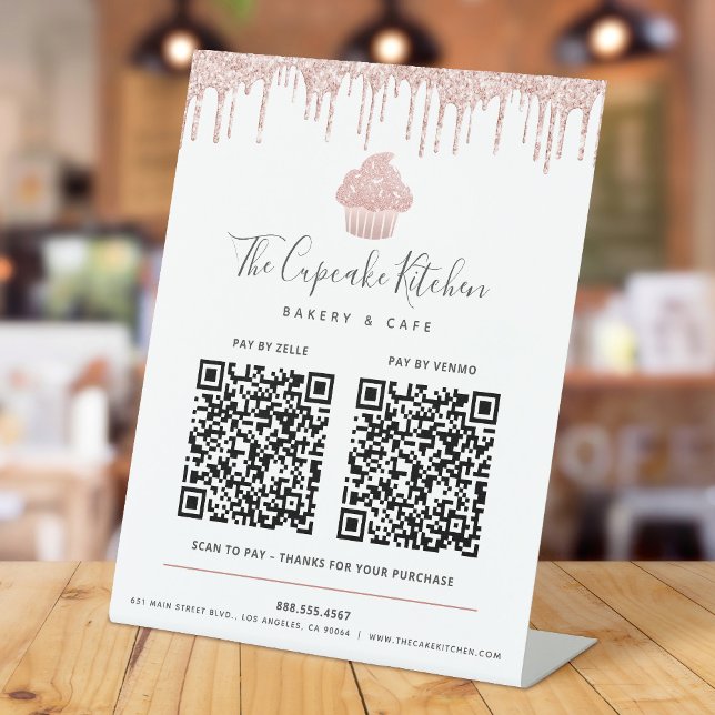 2 QR Code Pay Here Pink Rose Gold Cupcake Glitter Pedestal Sign (Creator Uploaded)