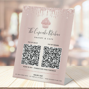 2 QR Code Pay Here Rose Gold Cupcake Glitter Drips Pedestal Sign
