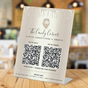 2 QR Codes Pay Here Gold Glitter Drips Strawberry  Pedestal Sign