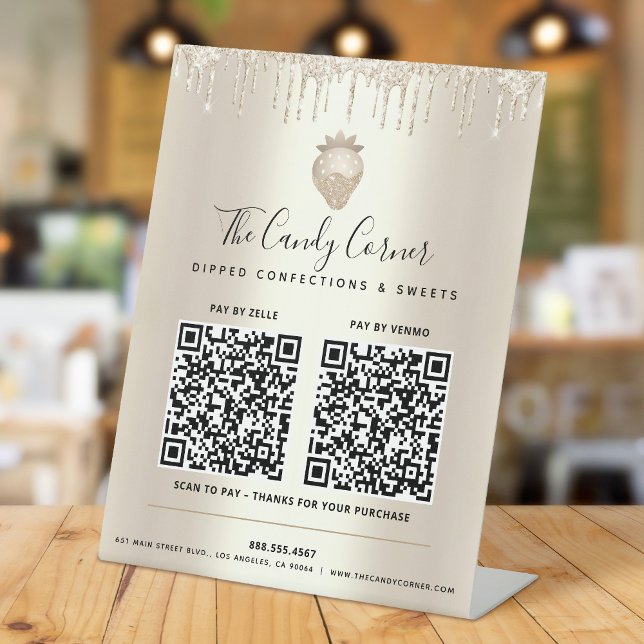 2 QR Codes Pay Here Gold Glitter Drips Strawberry  Pedestal Sign (Creator Uploaded)