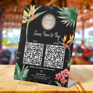 2 QR Codes Pay Here Logo Tropical Palm Black Gold Pedestal Sign