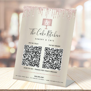 2 QR Codes Pay Here Pink Cake Bakery Glitter Gold Pedestal Sign