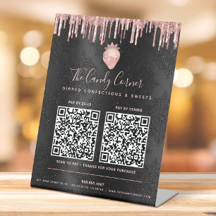 2 QR Codes Pay Here Pink Strawberry Glitter Black Pedestal Sign