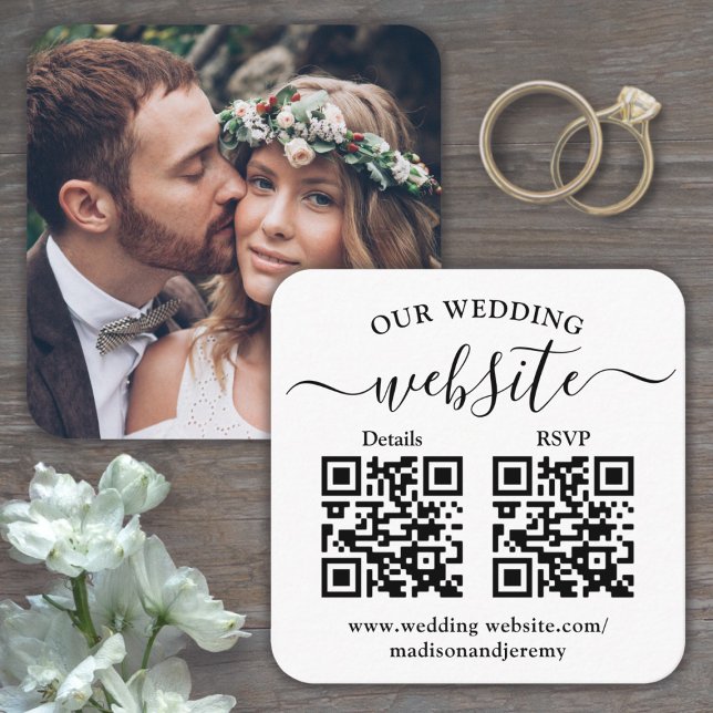 2 QR Codes Wedding Website & RSVP Square Photo Enclosure Card (Creator Uploaded)