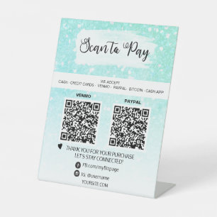 *~* 2 QR PAYMENT - AQUA Tabletop Table Tent  Pedestal Sign