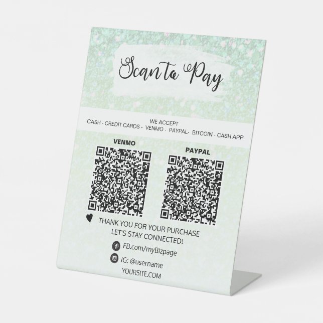 *~* 2 QR PAYMENT - Mint Tabletop Table Tent Pedestal Sign (Front)