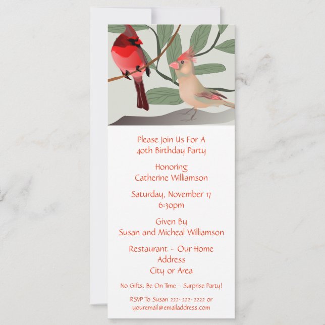2 Red Birds in Nature Custom Year Birthday Party Invitation (Front)