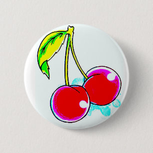 2 red cherries 6 cm round badge