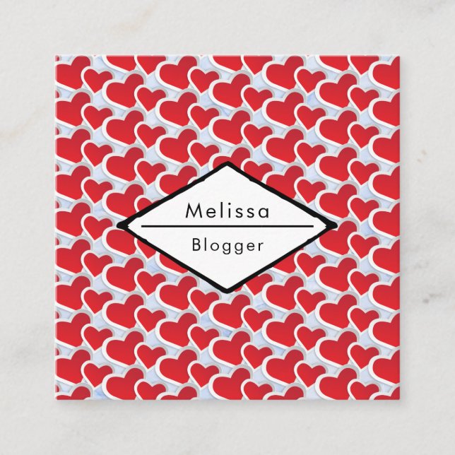 2 Red Hearts Joined Together Repeating Pattern Square Business Card (Front)